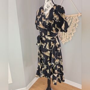 Black and Gold Cheetah Print Wrap Dress Ruffle XS Would Fit Small Ruffle